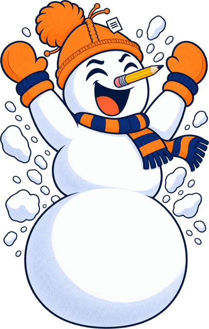 Mel fully built, both mittens up, yelling in a burst of snow
