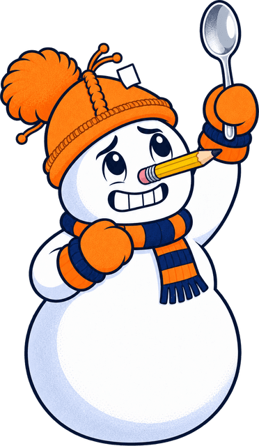 Mel as two snowballs, nervously holding a spoon in the air